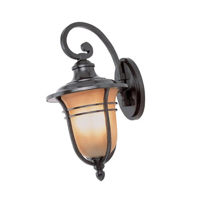 Brązowa latarnia ścienna z matowym kloszem szklanym i zakrzywionym ramieniem