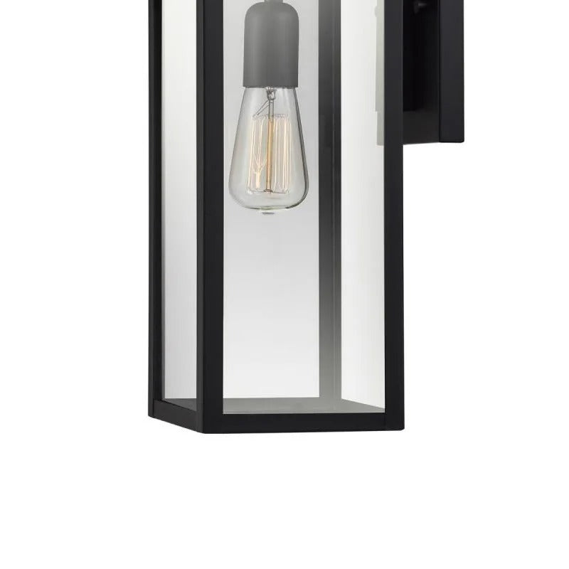 Czarna latarnia ścienna z wysokimi prostokątnymi panelami szklanymi
