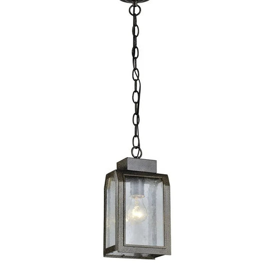 Czarna wisząca latarnia z prostokątnymi panelami szklanymi